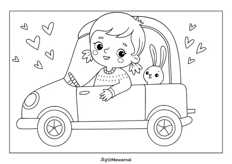 Gambar Mewarnai Gadis dan Kelinci di Mobil