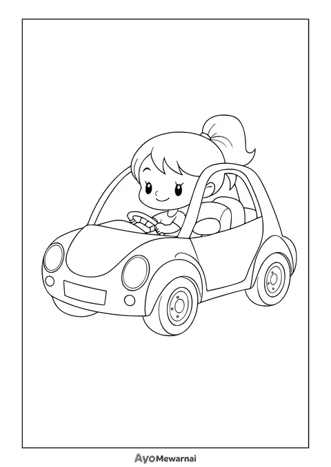 Gambar Mewarnai Gadis Mengendarai Mobil Mungil