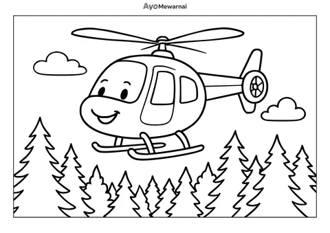 Gambar Mewarnai Helikopter di Atas Hutan