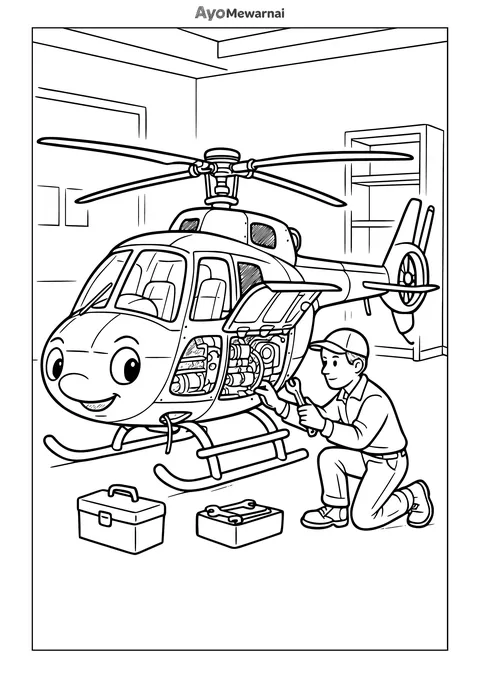 Gambar Mewarnai Helikopter di Bengkel