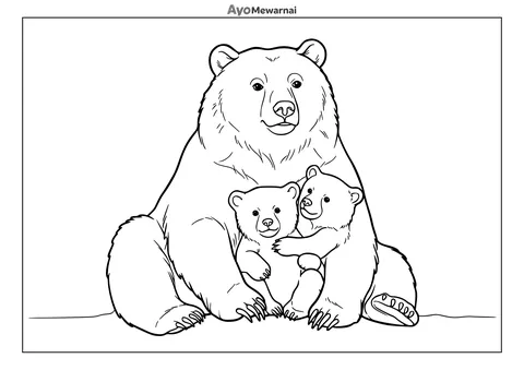 Gambar Mewarnai Ibu Beruang dan dua Anaknya