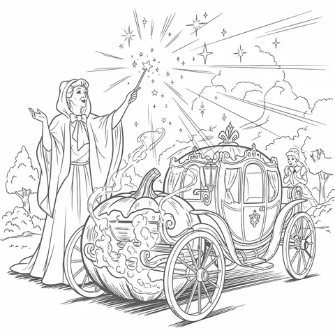 Gambar Mewarnai Ibu Peri dan Kereta Kuda Cinderella
