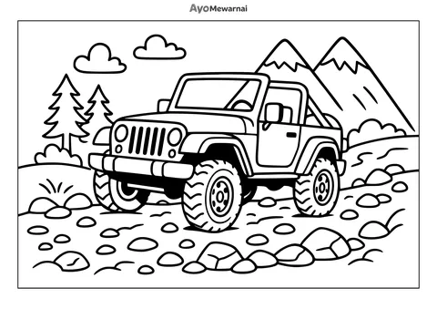 Gambar Mewarnai Jeep di Jalan Berbatu dengan Pemabndagan Gunung