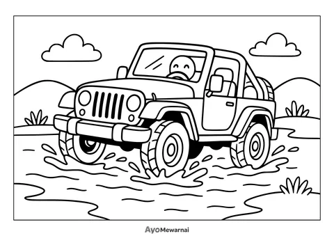 Gambar Mewarnai Jeep Melewati Sungai