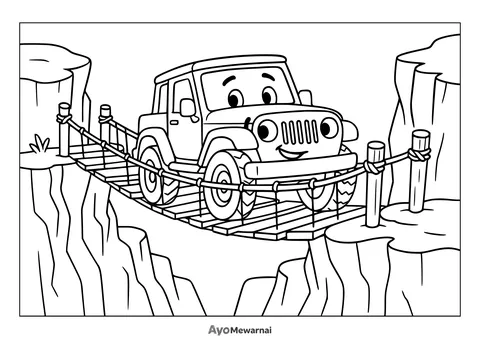 Gambar Mewarnai Jeep Menyeberangi Jembatan Tali