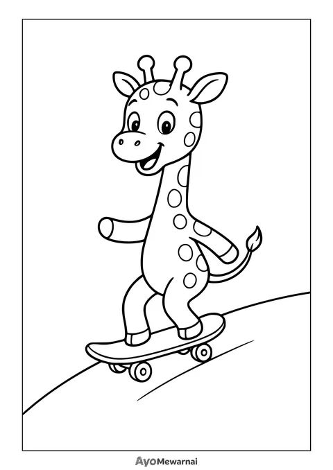 Gambar Mewarnai Jerapah Bermain Skateboard
