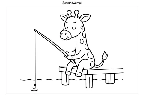 Gambar Mewarnai Jerapah Sedang  Memancing