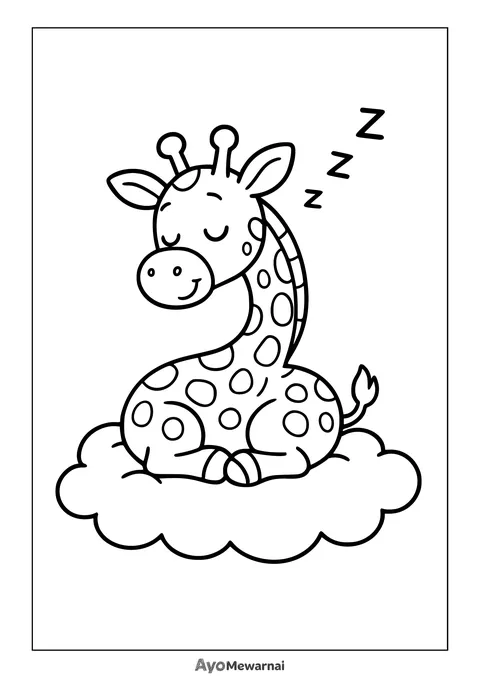 Gambar Mewarnai Jerapah Tidur di Awan