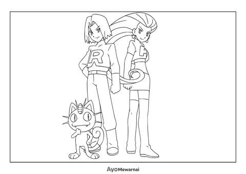 Gambar Mewarnai Jessie, James, dan Meowth dari Team Rocket