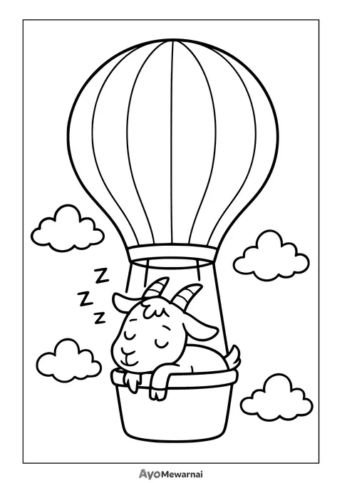 Gambar Mewarnai Kambing Tidur di Balon Udara