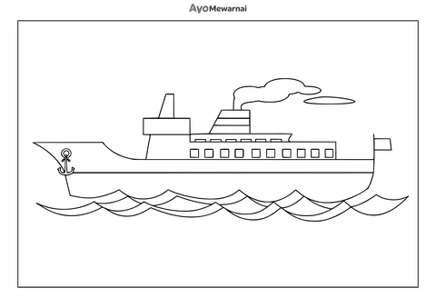Gambar Mewarnai Kapal Besar Sederhana di Atas Ombak