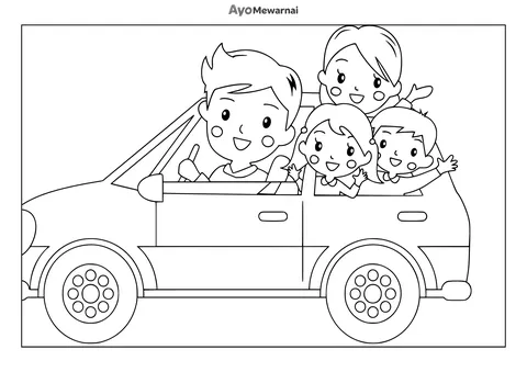 Gambar Mewarnai Keluarga Bahagia di Mobil