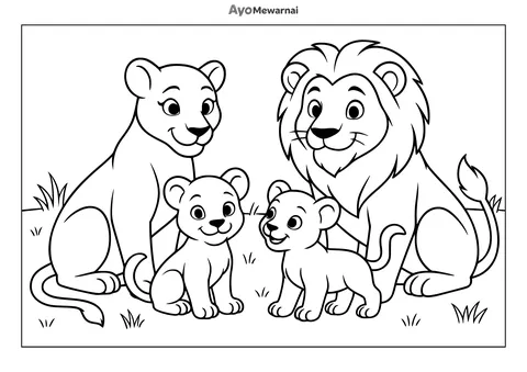 Gambar Mewarnai Keluarga Singa di Padang Rumput