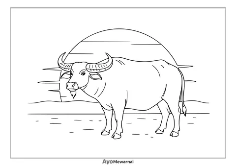 Gambar Mewarnai Kerbau di Matahari Terbenam