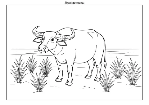 Gambar Mewarnai Kerbau di Sawah