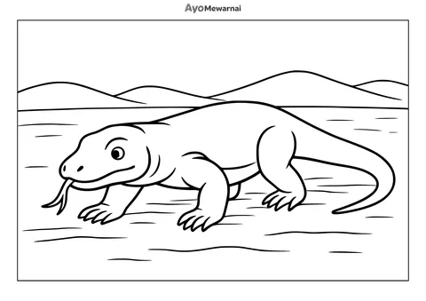 Gambar Mewarnai Komodo Berjalan di Pasir