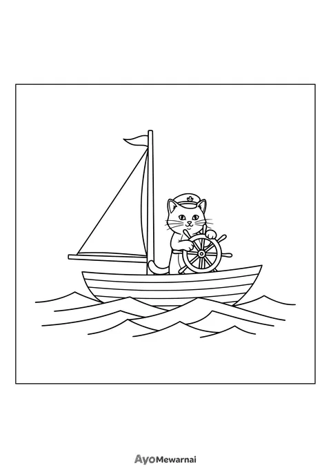 Gambar Mewarnai Kucing Berlayar di Laut