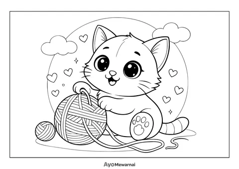 Gambar Mewarnai Kucing Bermain Benang Wol