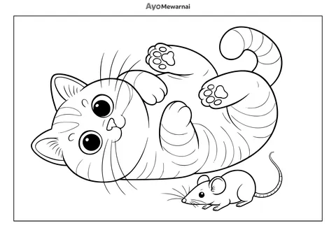 Gambar Mewarnai Kucing Bermain dengan Tikus