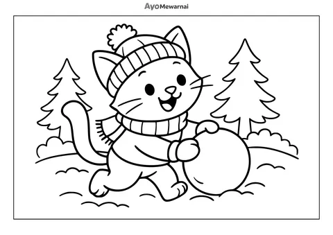 Gambar Mewarnai Kucing Bermain Salju