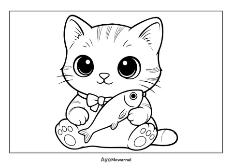Gambar Mewarnai Kucing dan Ikan Kesukaannya
