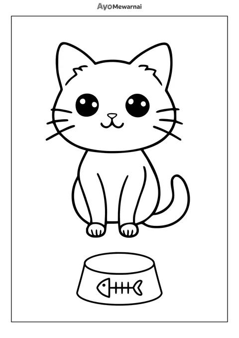 Gambar Mewarnai Kucing dan Mangkuk Makannya