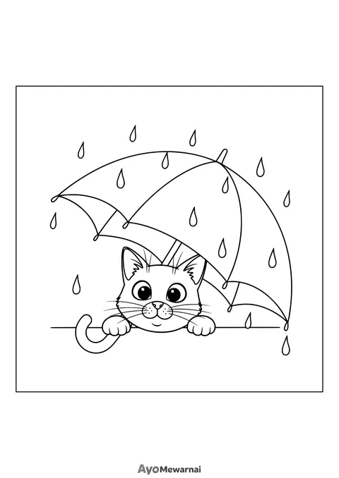 Gambar Mewarnai Kucing di Bawah Payung