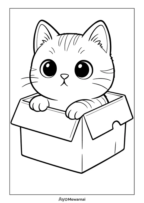 Gambar Mewarnai Kucing di Dalam Kotak