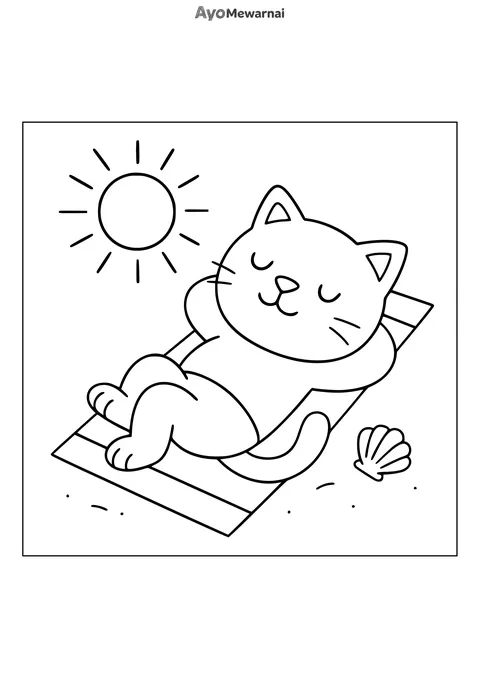 Gambar Mewarnai Kucing di Pantai