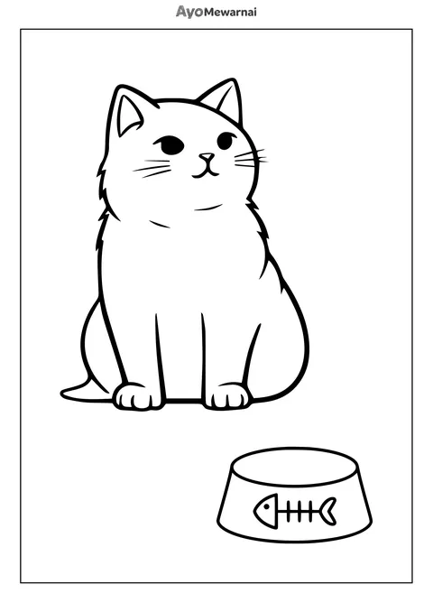 Gambar Mewarnai Kucing Gemoy dan Mangkuk Ikan