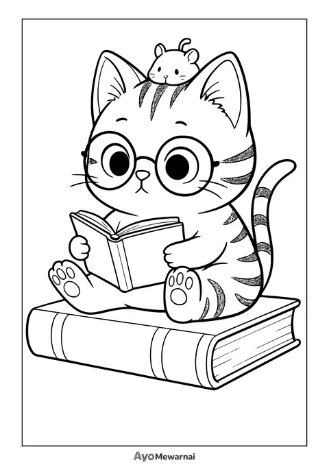 Gambar Mewarnai Kucing Kutu Buku dan Tikus