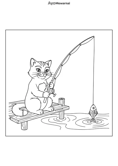 Gambar Mewarnai Kucing Memancing Ikan