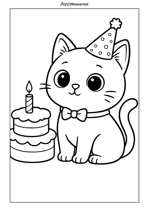 Gambar Mewarnai Kucing Merayakan Ulang Tahun