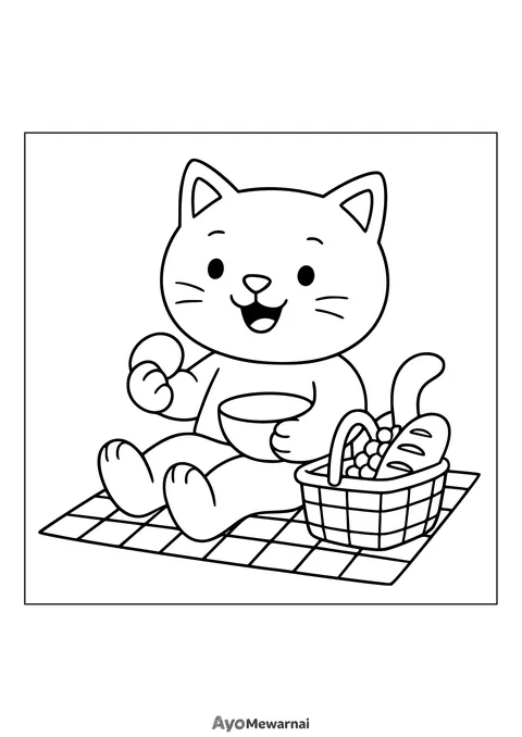 Gambar Mewarnai Kucing Piknik