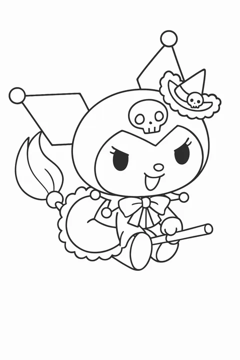 Gambar Mewarnai Kuromi Naik Sapu Terbang