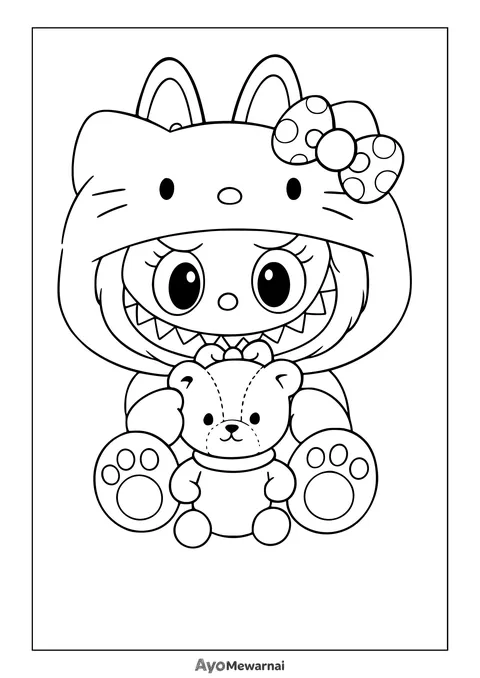 Gambar Mewarnai Labubu Kostum Hello Kitty