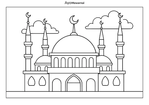 Gambar Mewarnai Masjid Agung dan Pemandangan Awan