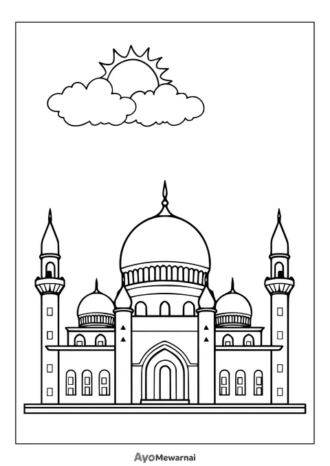 Gambar Mewarnai Masjid dan Pemandangan Siang Hari