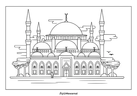 Gambar Mewarnai Masjid Dengan Banyak Kubah