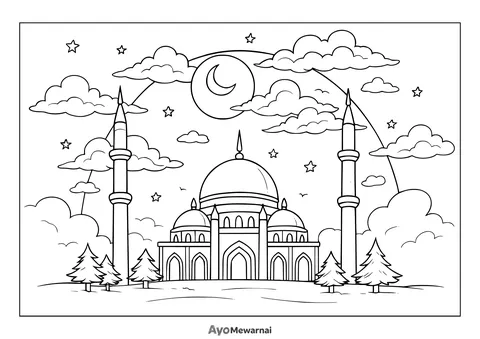 Gambar Mewarnai Masjid di Malam Hari Berbintang