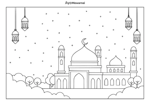 Gambar Mewarnai Masjid di Tengah Malam