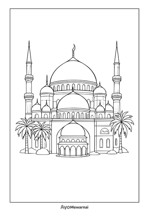 Gambar Mewarnai Masjid Megah dan Pohon Palem