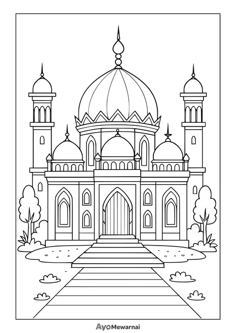 Gambar Mewarnai Masjid Megah di  Siang Hari