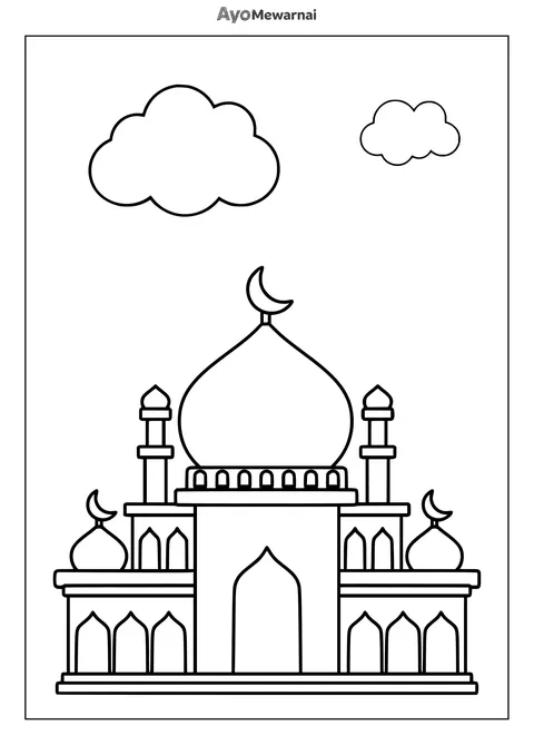 Gambar Mewarnai Masjid Minimalis di Hiasi Awan