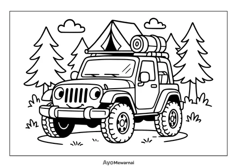 Gambar Mewarnai Mobil Jeep di Hutan