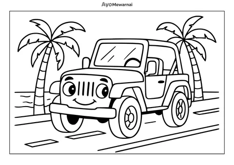 Gambar Mewarnai Mobil Jeep di Jalan Pantai