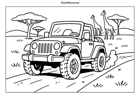 Gambar Mewarnai Mobil Jeep di Padang Savana