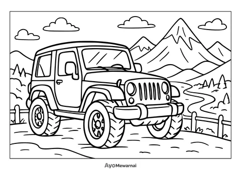 Gambar Mewarnai Mobil  Jeep di Pemandangan Indah