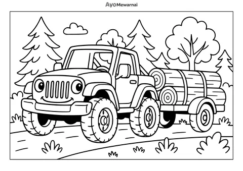 Gambar Mewarnai Mobil Jeep Mengangkut Kayu
