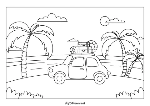Gambar Mewarnai Mobil Liburan di Pantai